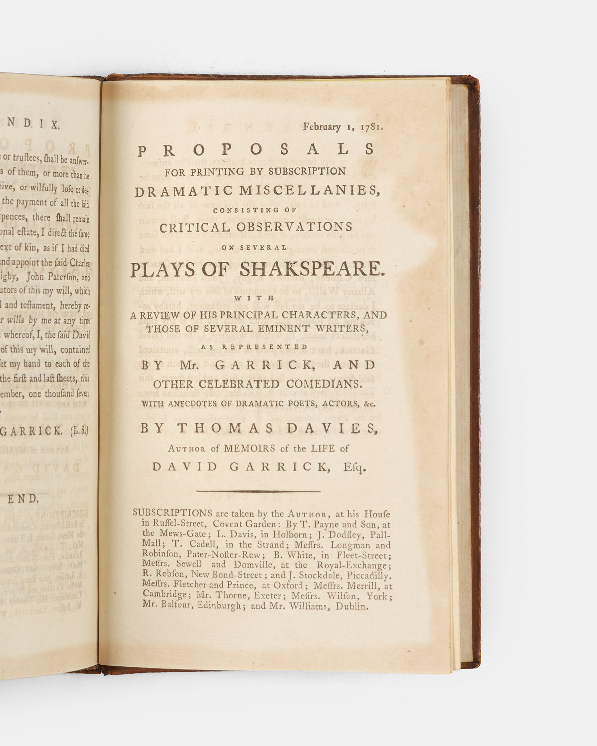 A third edition in two volumes containing an intimate look at the life of David Garrick (1717–1779), the seminal English actor, playwright, and theatre manager who revolutionised the London stage. 