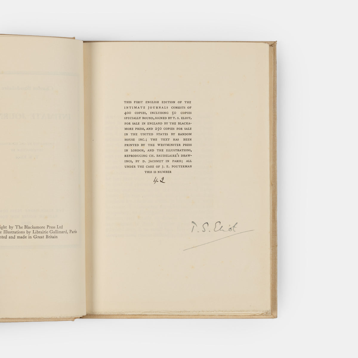 First English edition of The Intimate Journals by Charles Baudelaire, one of 50 copies signed by T.S. Eliot.