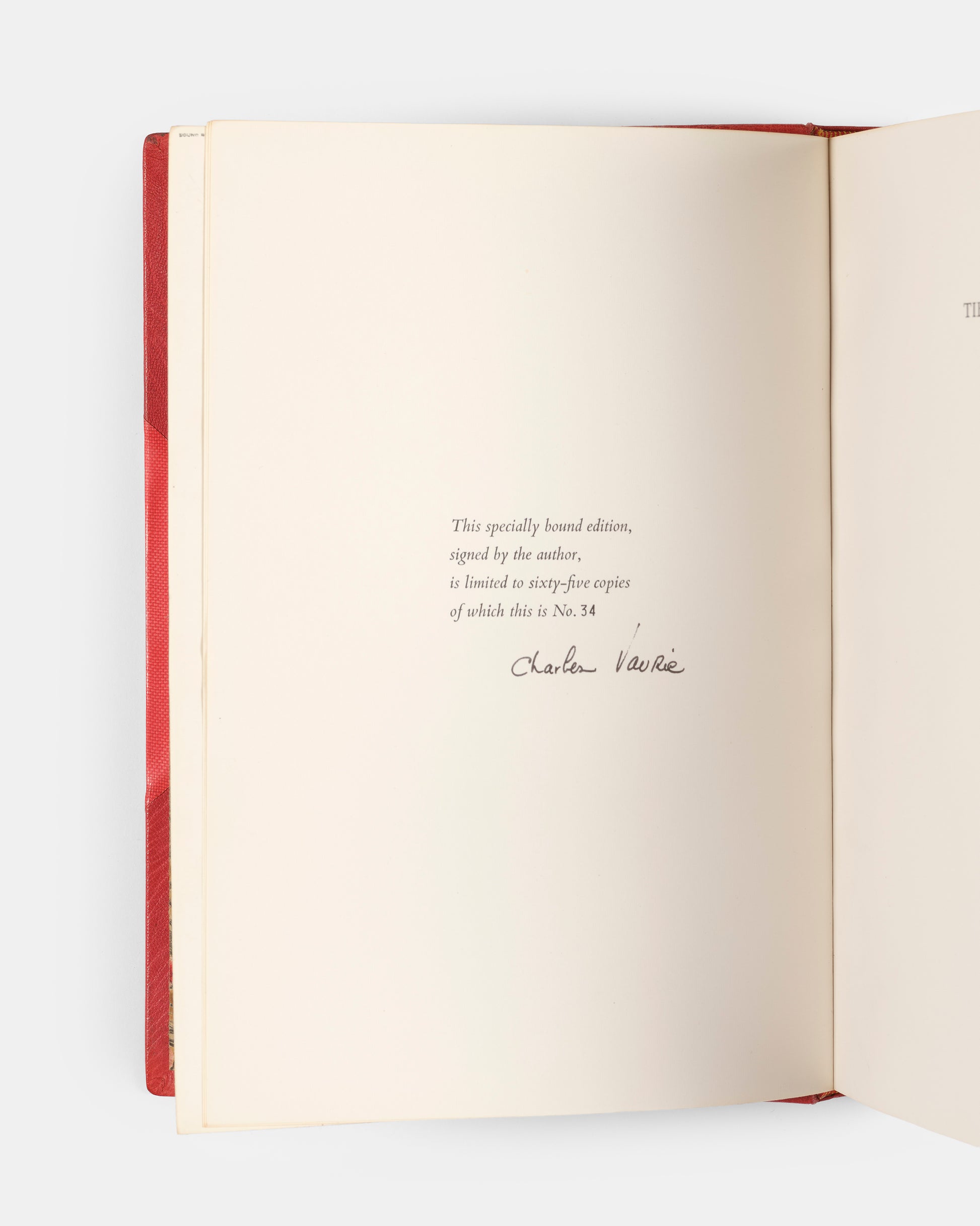First edition, first printing, of Charles Vaurie's Tibet and Its Birds, one of 65 copies signed by the author and specially bound in red morocco.