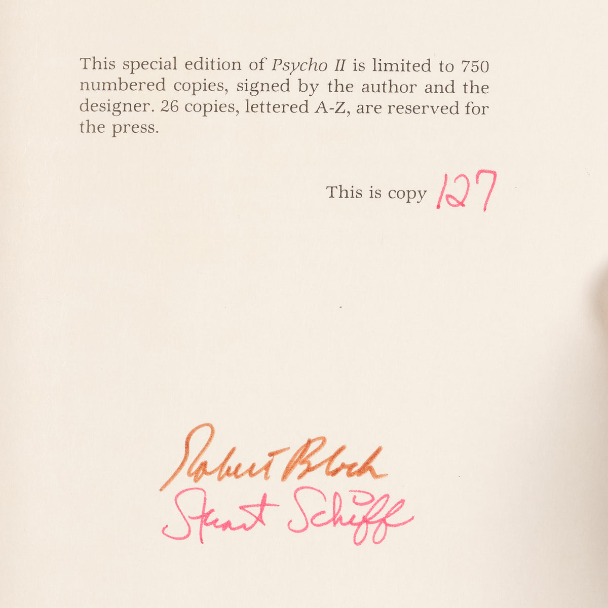 First UK edition of Psycho together with the first edition of Psycho II signed by the author and designer.