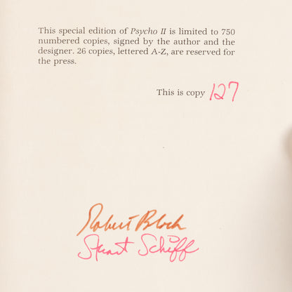 First UK edition of Psycho together with the first edition of Psycho II signed by the author and designer.