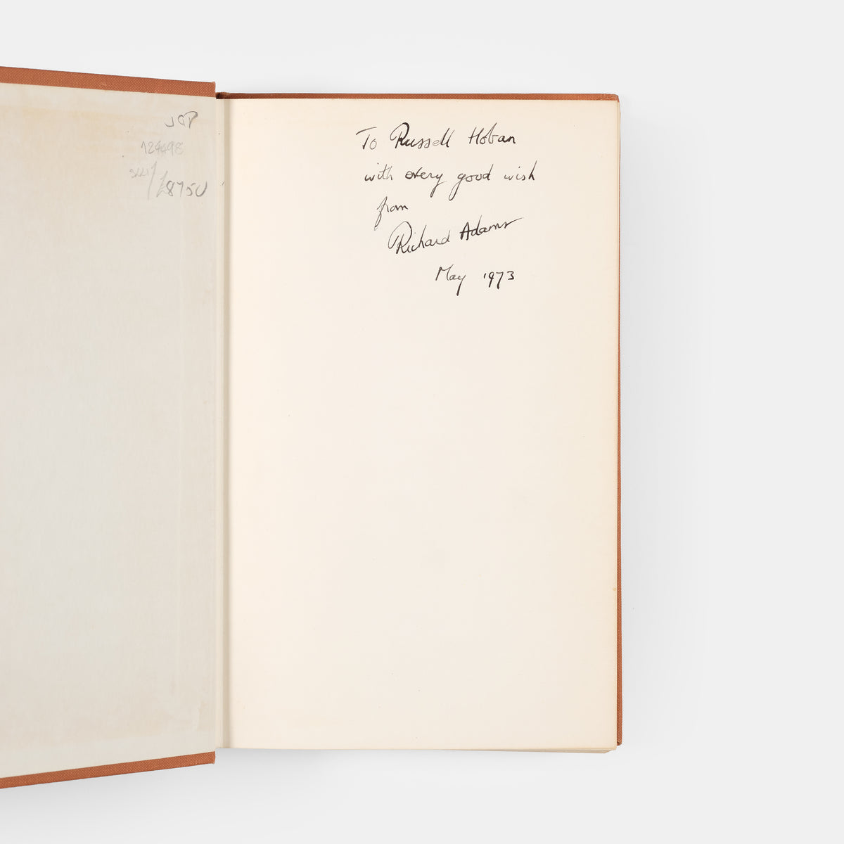 First edition of Watership Down by Richard Adams, inscribed by the author to Russell Hoban.