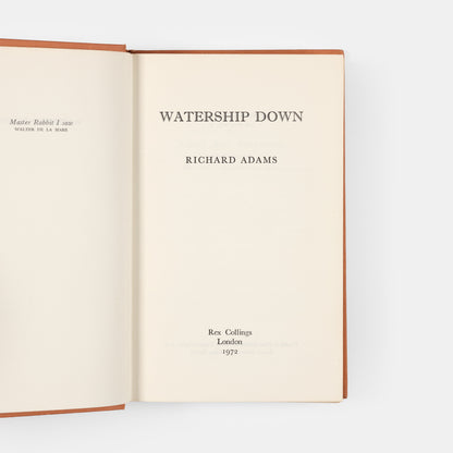 First edition of Watership Down by Richard Adams, inscribed by the author to Russell Hoban.