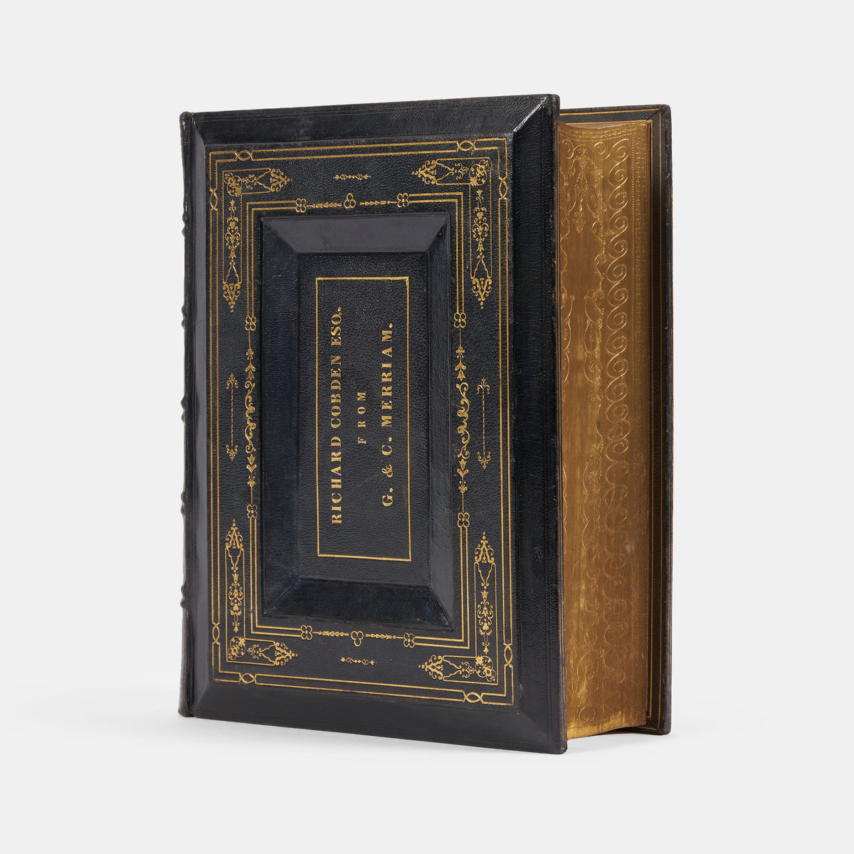 The first Merriam-Webster edition of An American Diction of the English Language in the publisher's presentation binding to Richard Cobden