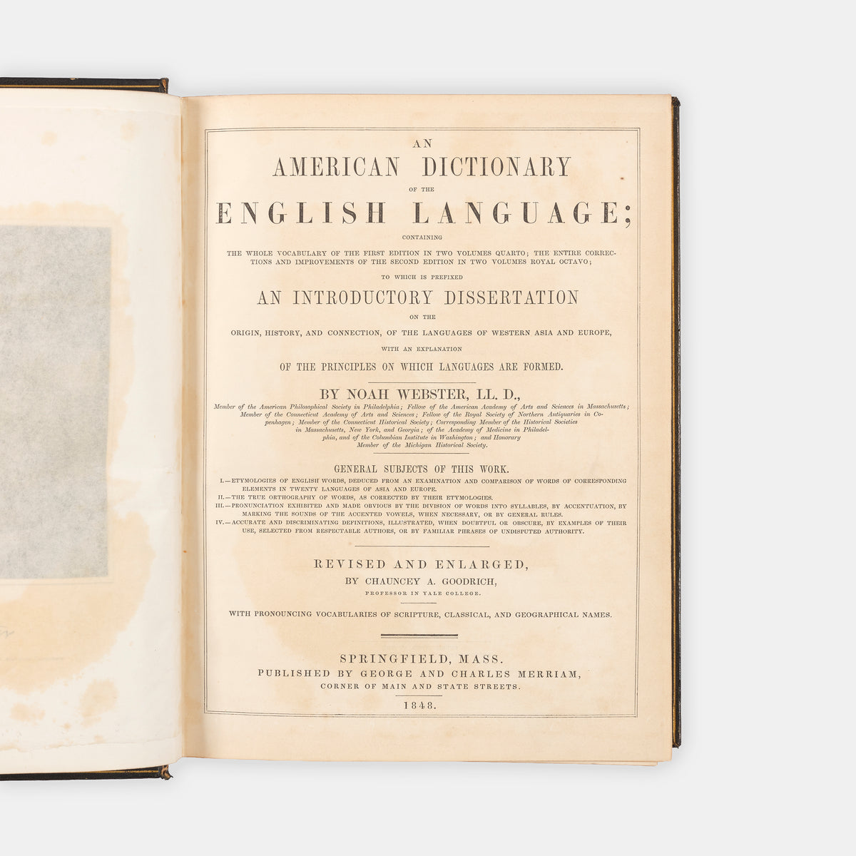 The first Merriam-Webster edition of An American Diction of the English Language in the publisher's presentation binding to Richard Cobden