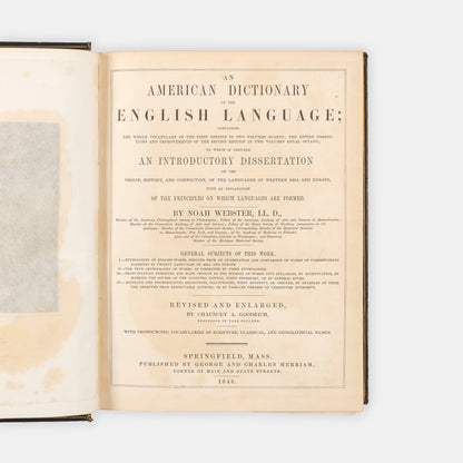 The first Merriam-Webster edition of An American Diction of the English Language in the publisher's presentation binding to Richard Cobden