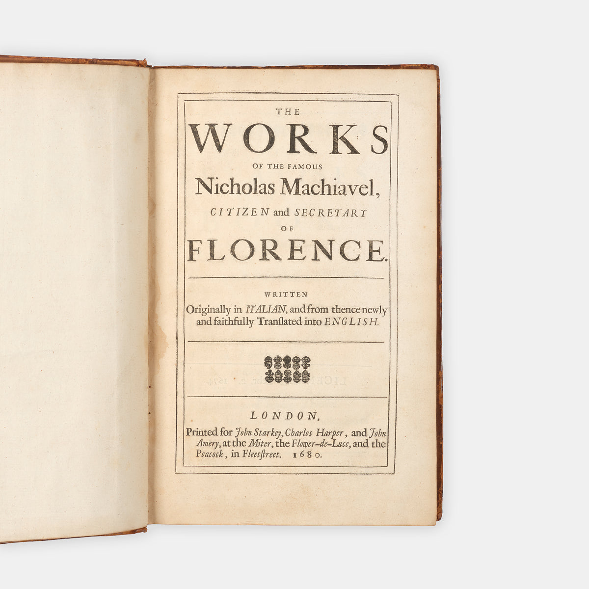 The second edition of the collected works in English of Niccolò Machiavelli, bound in cotnemporary blind-ruled calf