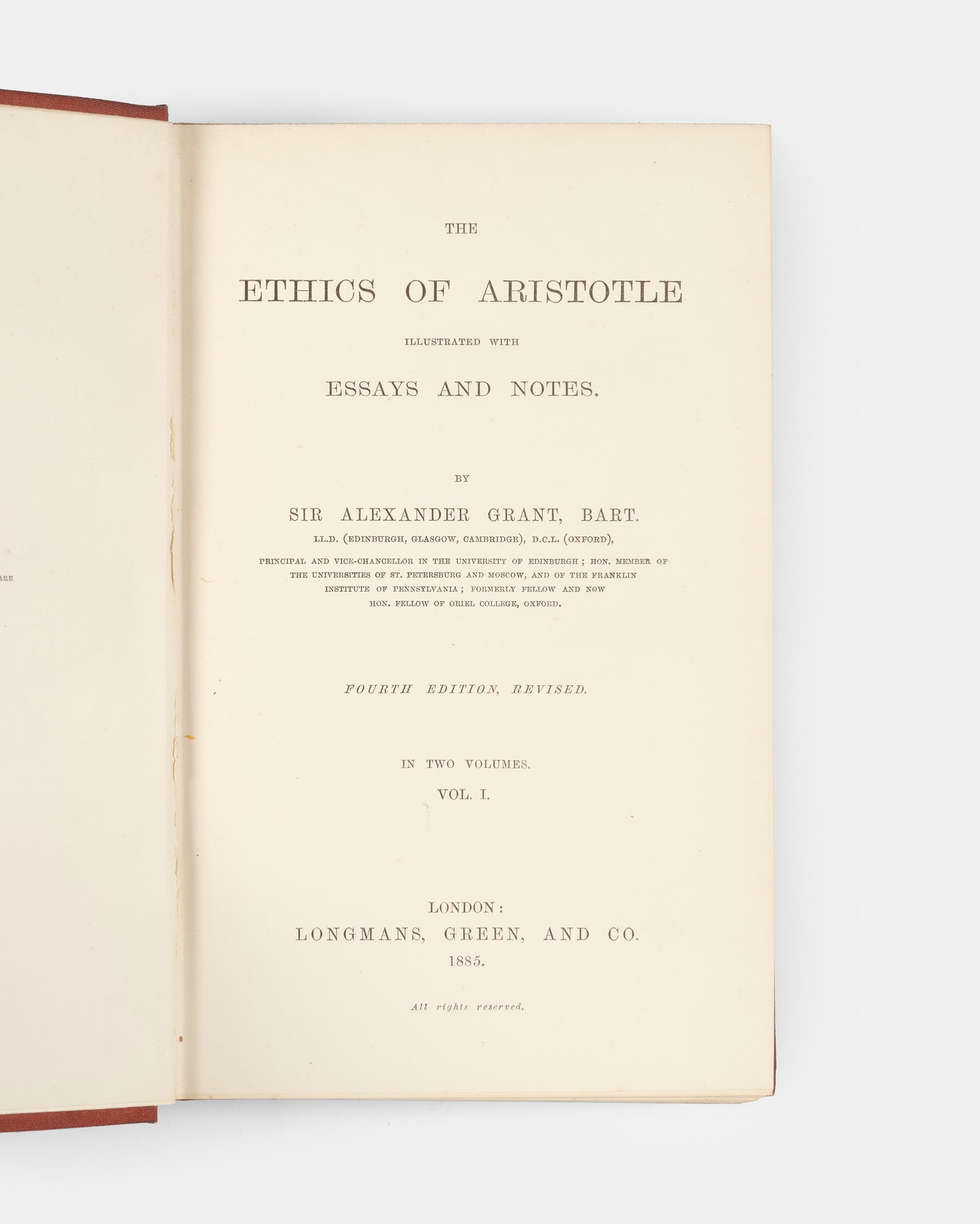 The fourth edition of Sir Alexander Grant's English language translation of Aristotle's Ethics with his critical notes and essays