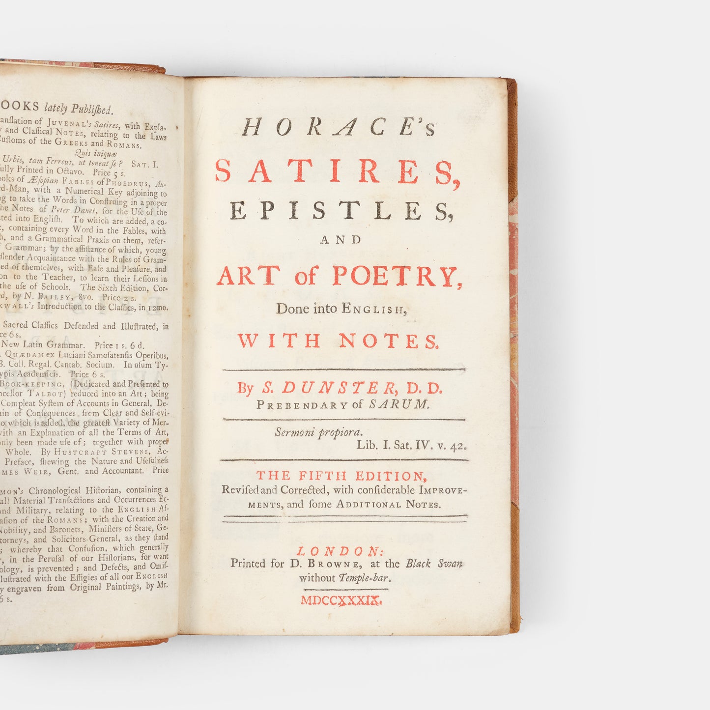 An early printing of this parallel text edition in English and Latin of Horace's Satires, Epistles, and Ars Poetica