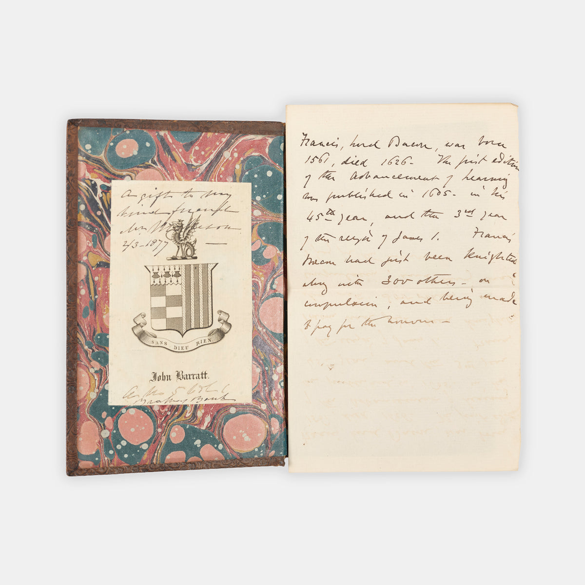 The first edition of Francis Bacon's Twoo Bookes of the proficiencie and advancement of learning, one of his earliest philosophical works and the only one published in England
