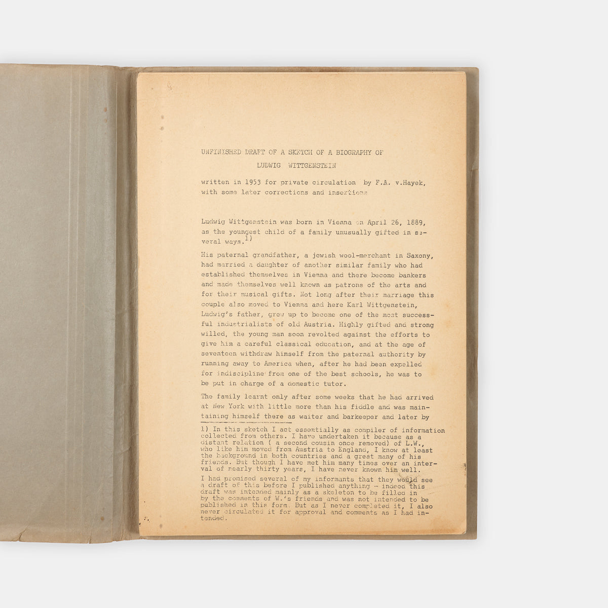 One of only four known copies of this unpublished and Unfinished Draft of a Skethc of a Biography of Ludwig Wittgenstein by Friedrich August von Hayek