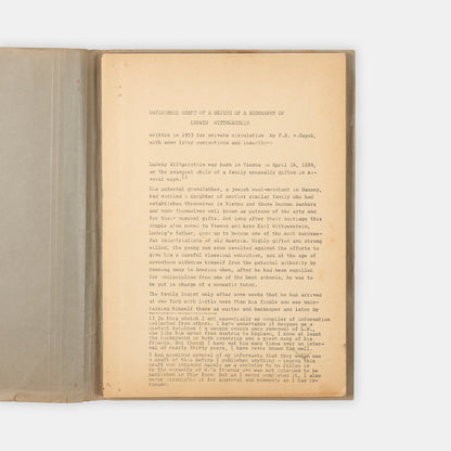 One of only four known copies of this unpublished and Unfinished Draft of a Skethc of a Biography of Ludwig Wittgenstein by Friedrich August von Hayek