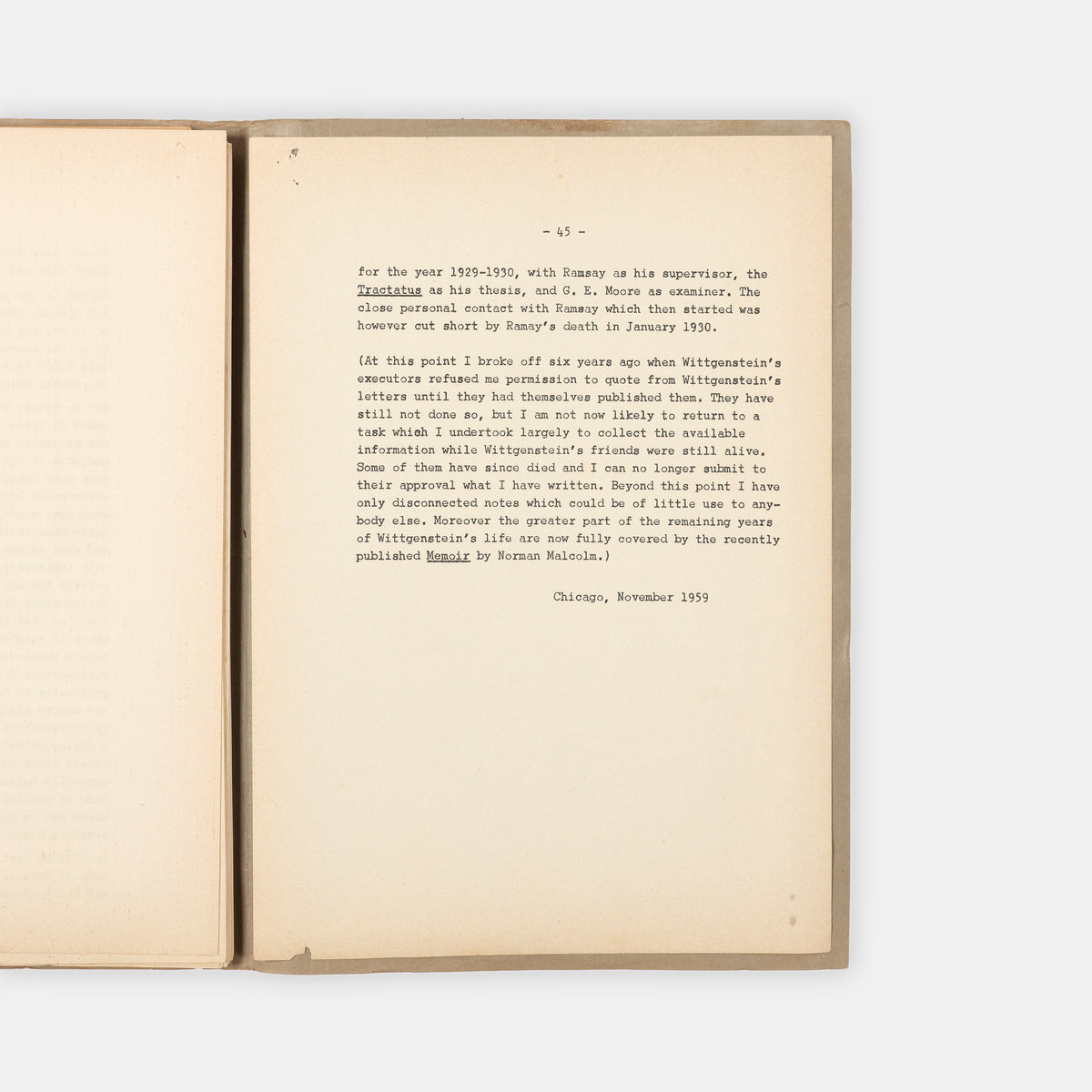 One of only four known copies of this unpublished and Unfinished Draft of a Skethc of a Biography of Ludwig Wittgenstein by Friedrich August von Hayek