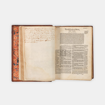 A handsome sixteeth-century edition of the Geneva Bible, finely bound in eighteenth-century gilt-panelled calf, without the Concordance, but with the Booke of Common Prayer and metrical Psalmes