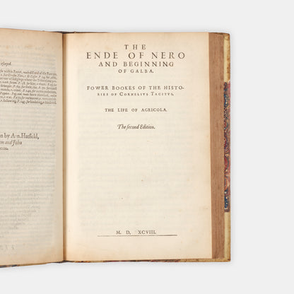 The first edition in English of Tacitus' Annal and Germania translated by Richard Grenewey, bound with, as issued, the Histories and Life of Agricola by Sir Henry Savile