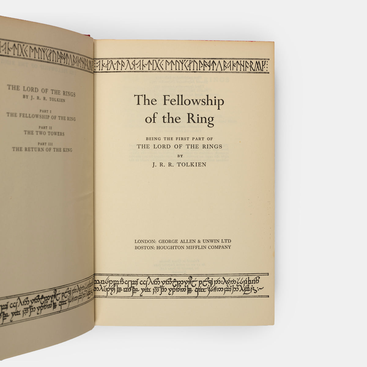 First editions, thirteenth and tenth impressions, of J.R.R. Tolkien's <em>The Lord of the Rings</em> trilogy