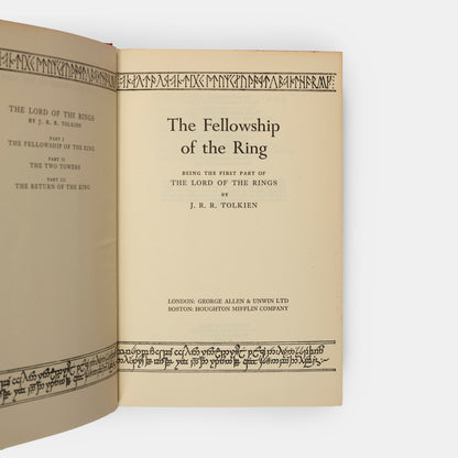 First editions, thirteenth and tenth impressions, of J.R.R. Tolkien's <em>The Lord of the Rings</em> trilogy