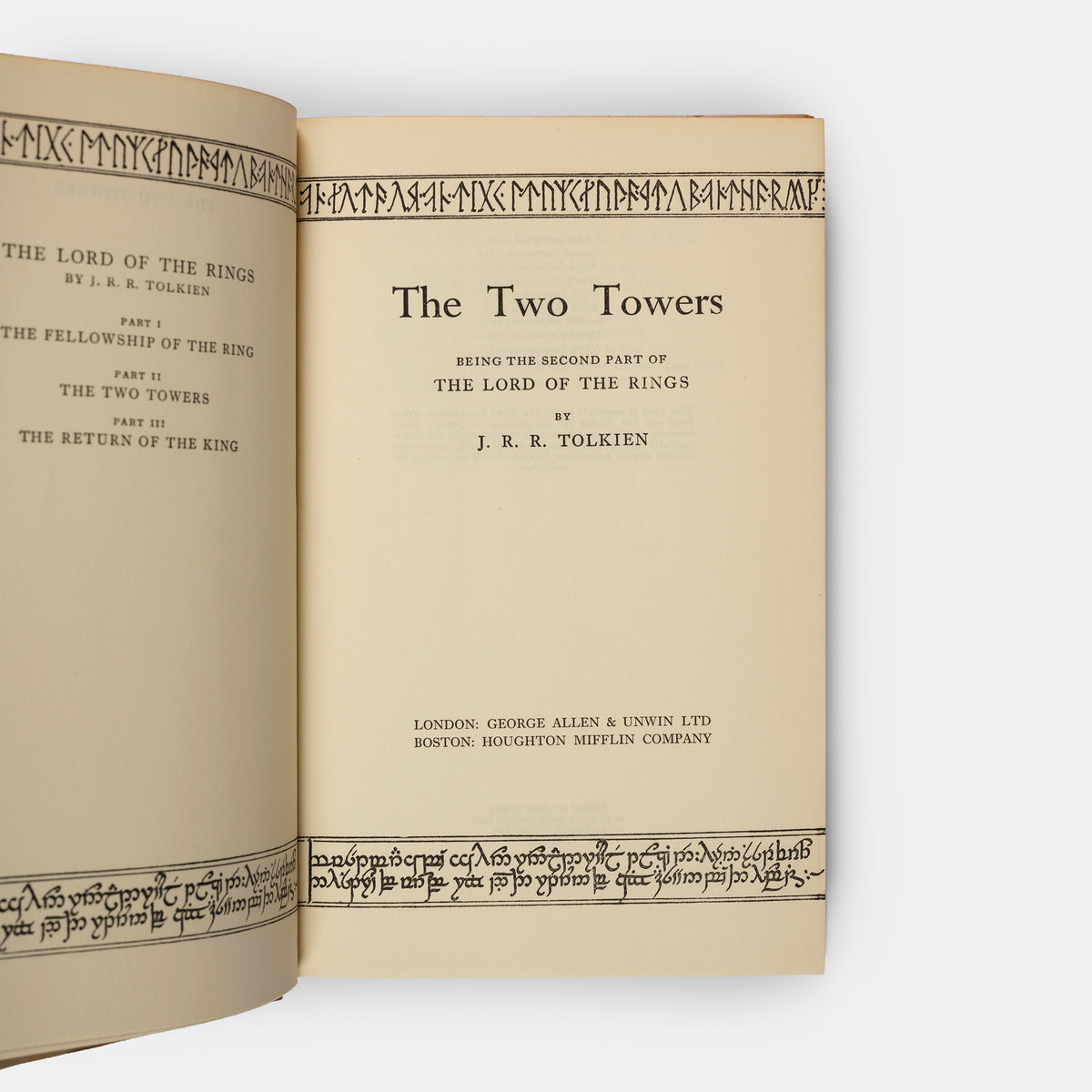 First editions, thirteenth and tenth impressions, of J.R.R. Tolkien's <em>The Lord of the Rings</em> trilogy