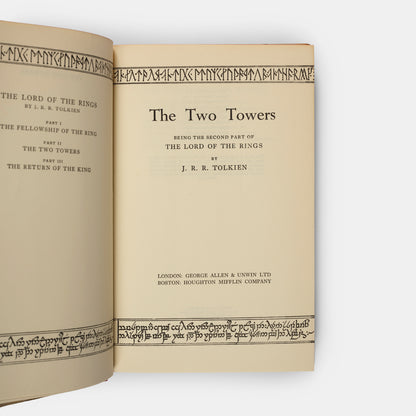 First editions, thirteenth and tenth impressions, of J.R.R. Tolkien's <em>The Lord of the Rings</em> trilogy