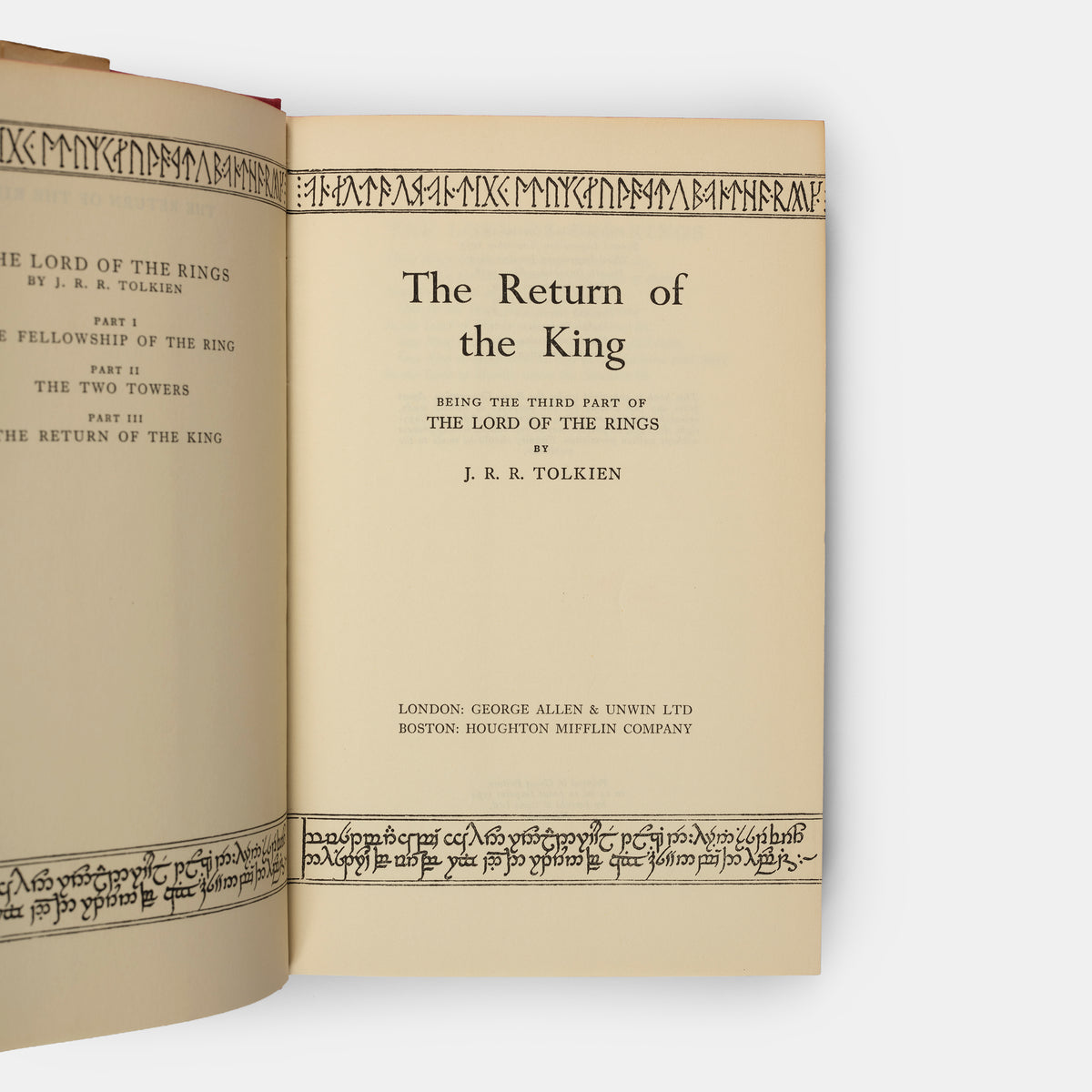 First editions, thirteenth and tenth impressions, of J.R.R. Tolkien's <em>The Lord of the Rings</em> trilogy