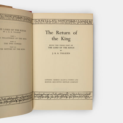 First editions, thirteenth and tenth impressions, of J.R.R. Tolkien's <em>The Lord of the Rings</em> trilogy