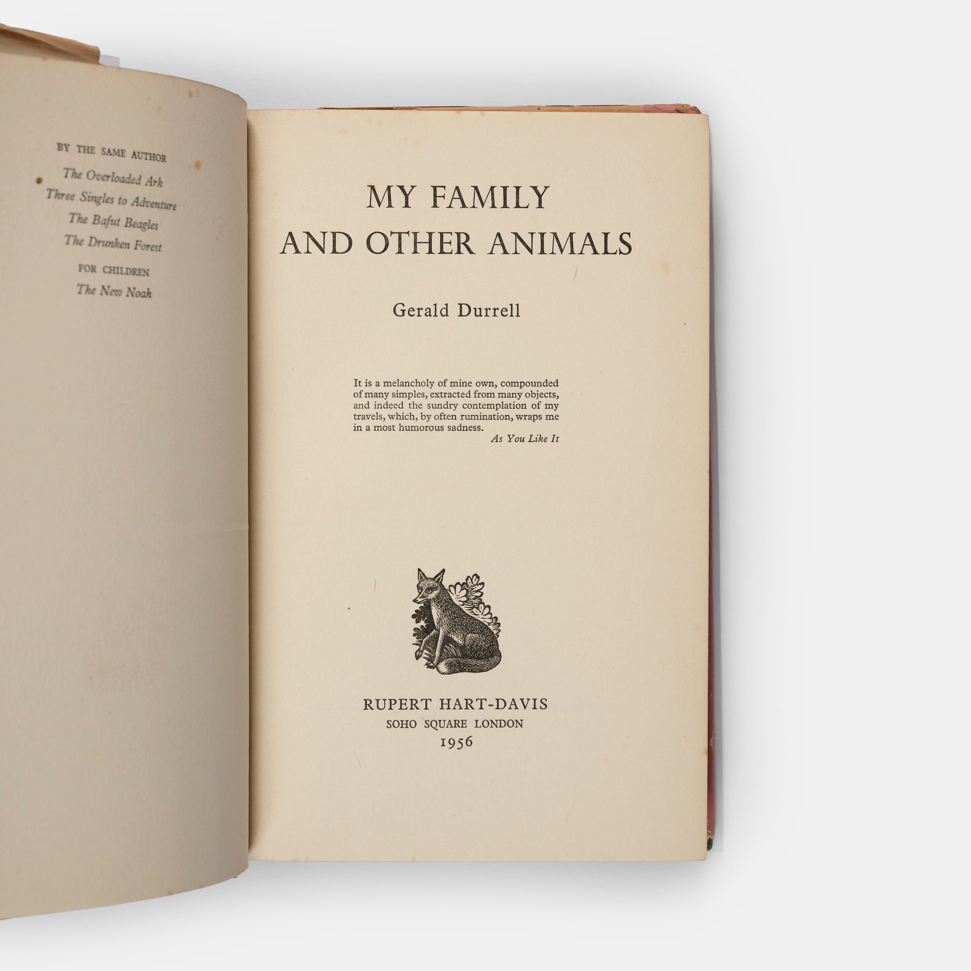 A lovely first edition of My Family and Other Animals by conservationist and writer Gerald Durrell in the repriced dust-jacket. 