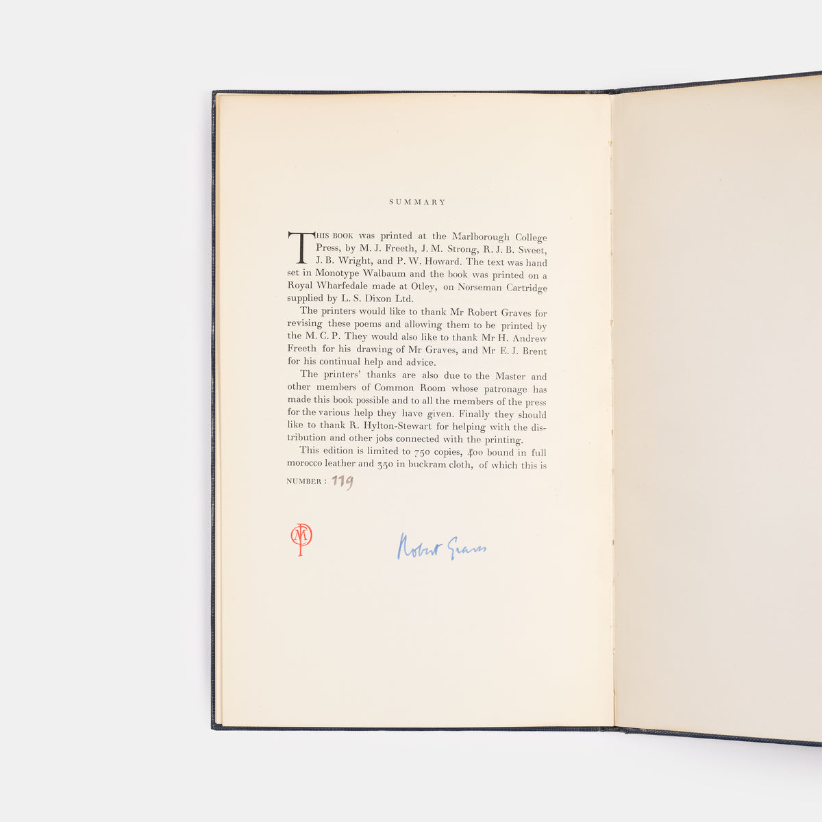 First edition of The More Deserving Cases by Robert Graves. One of 750 copies, signed by the author.
