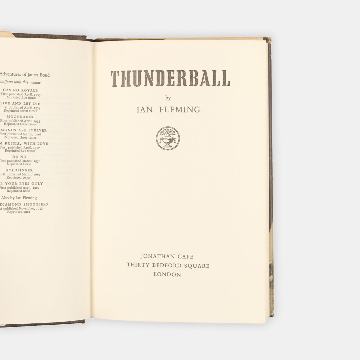A first edition, first impression of Thunderball by Ian Felming, the ninth book in the James Bond series.