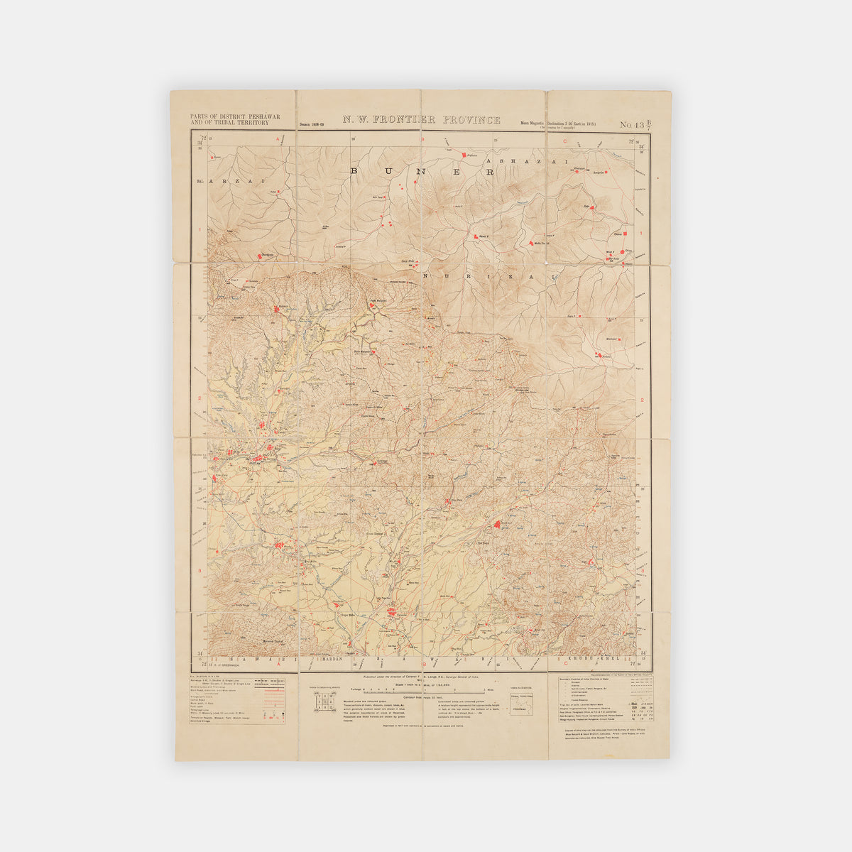 1917 edition, with additions and corrections, of the N.W. Frontier Province, Parts of District Peshawar and of Tribal Territory, by Colonel F.B. Longe, a rare map of northern Pakistan at the foot of the Himalayas.