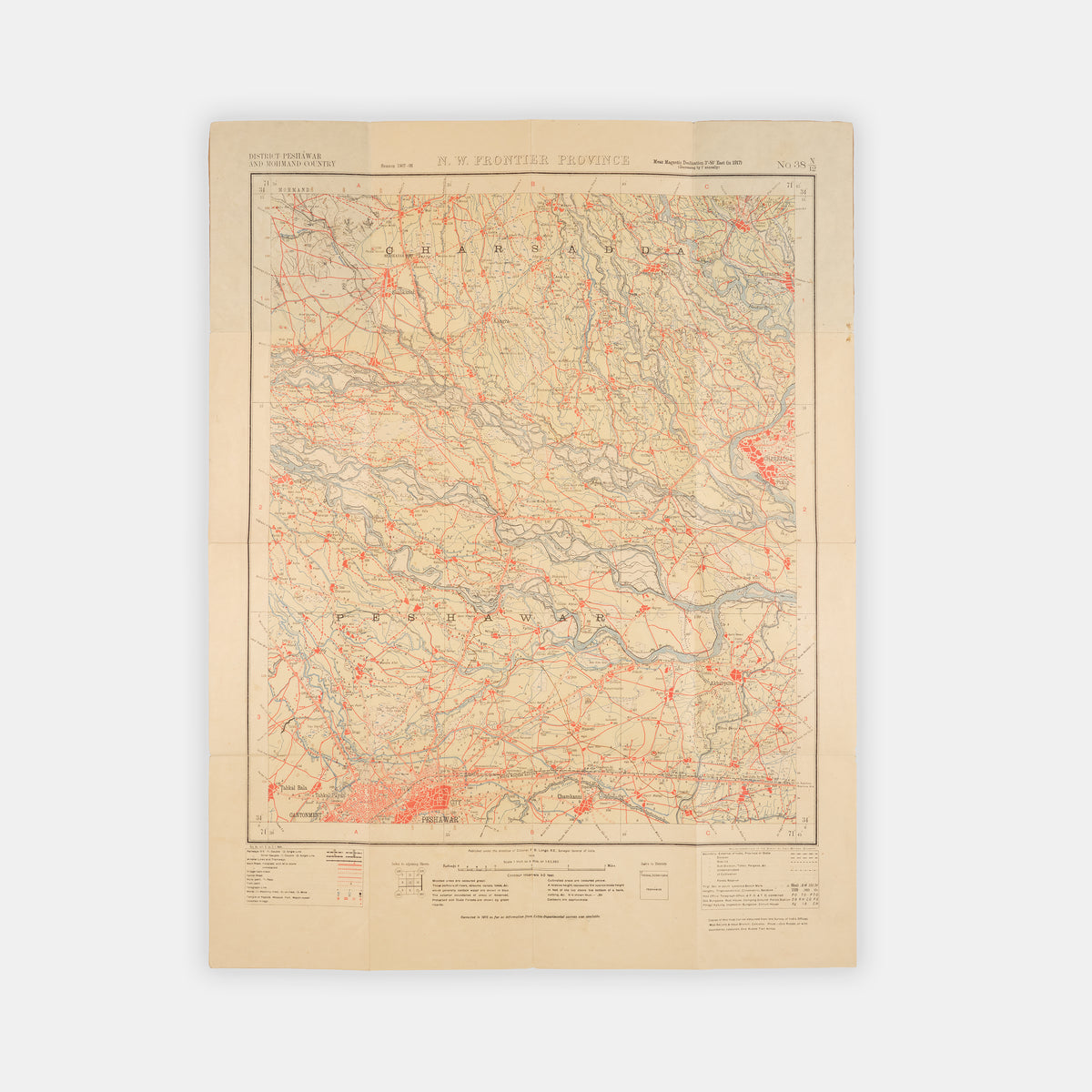1918 edition, with additions and corrections, of the N.W. Frontier Province map of District Peshawar and Mohmand Country, showing northern Pakistan showing most of the city of Peshawar and the country north of its boundary.