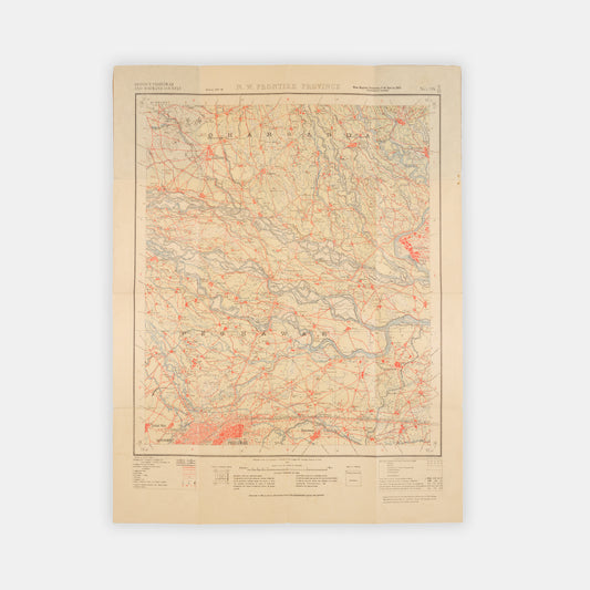 1918 edition, with additions and corrections, of the N.W. Frontier Province map of District Peshawar and Mohmand Country, showing northern Pakistan showing most of the city of Peshawar and the country north of its boundary.