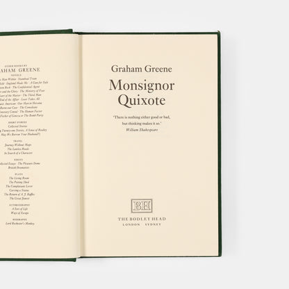 First edition of Monsignor Quixote by Graham Greene, inscribed by the author to Jeanne Stonor.