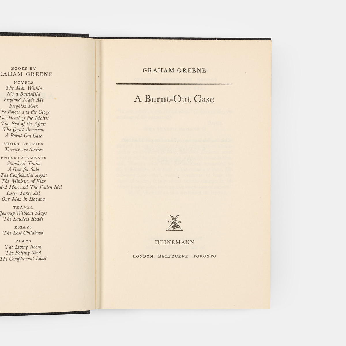 First UK edition of A Burnt-Out Case by Graham Greene, inscribed by the author to Harriet Stonor.