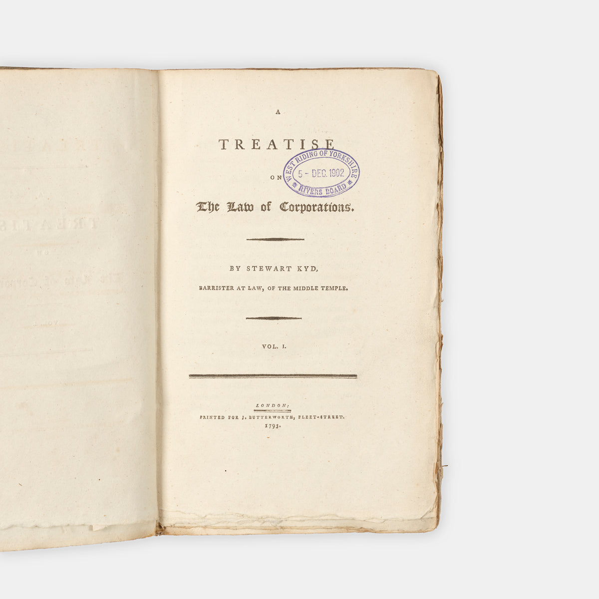 The first edition of Stewart Kyd's Treatise on the Law of Corporations, uncut in the orignal boards
