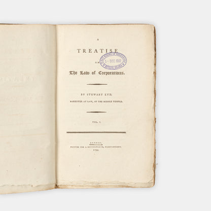 The first edition of Stewart Kyd's Treatise on the Law of Corporations, uncut in the orignal boards