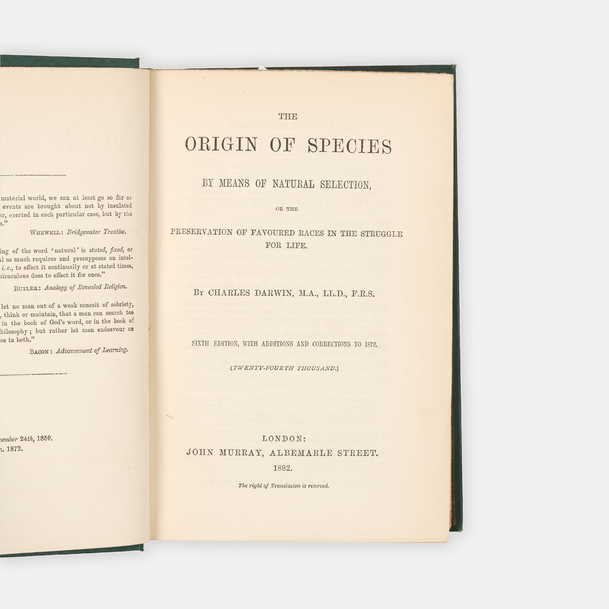 An unusually lovely copy of the important sixth edition of Charles Darwin's The Origin of Species, the first edition in which the term evolution is used