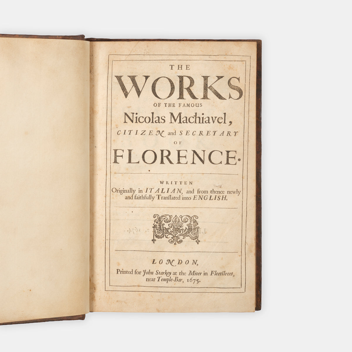 The first edition in English of the collected works of Niccolò Machiavelli, comprising The Prince, History of Florence, Discourses on Livy, and The Art of War, together with his lesssener known works.
