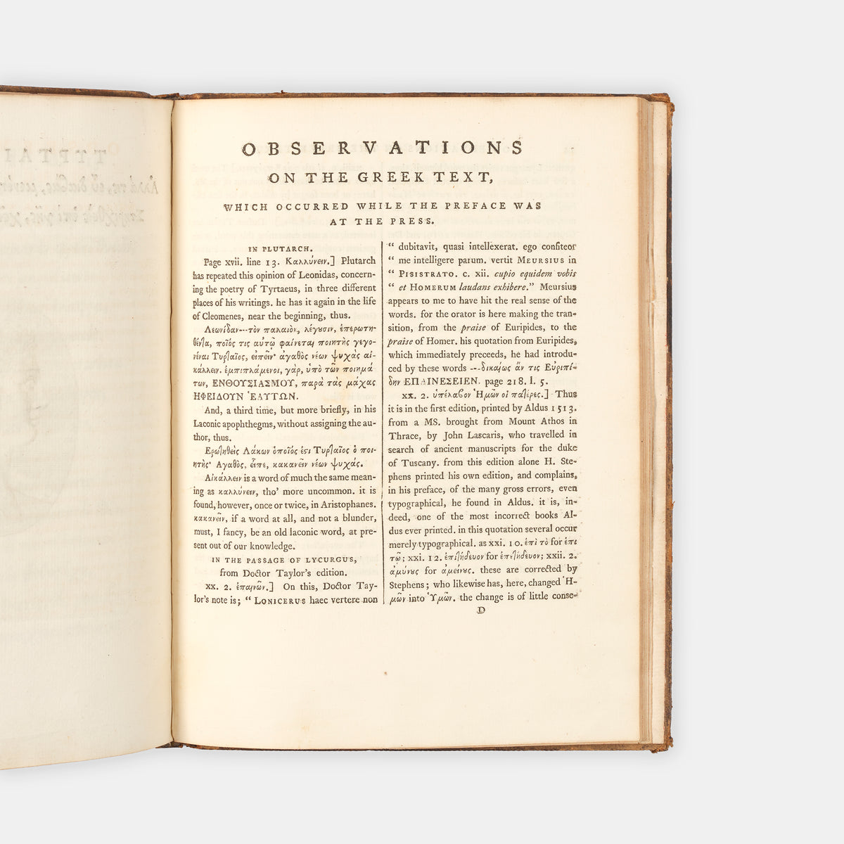 The first Foulis Press edition of Tyrtaeus' panegyric on martial spirit, Spartan Lessons, edited by the classicist James Moor