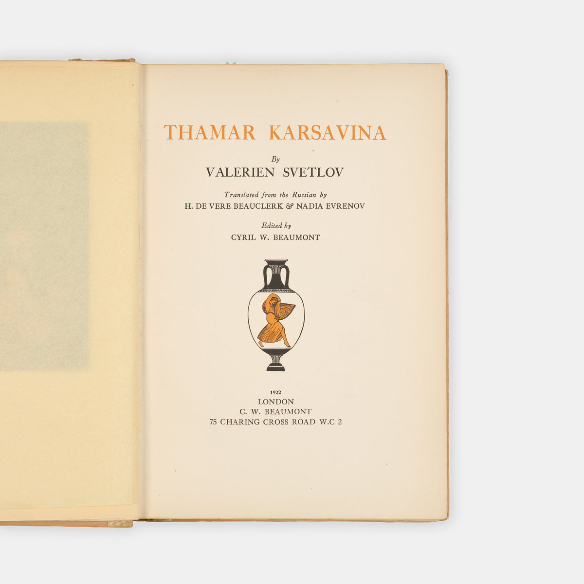 Limited-edition biography of Karsavina written by Valerien Svetlov, gift-inscribed to her personal friend - musician Margaret Cochrane.