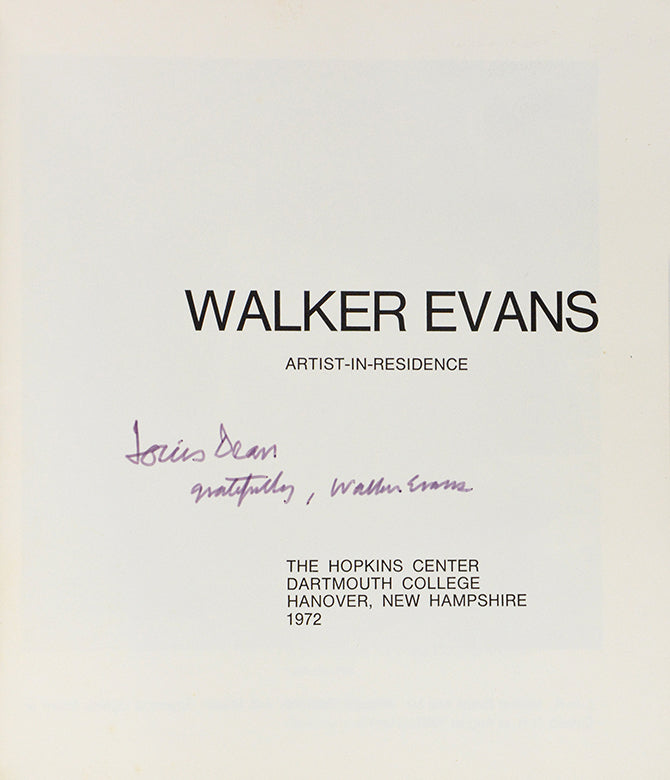 A presentation copy, inscribed in purple ink on the title page 'Louis Dean gratefully, Walker Evans'