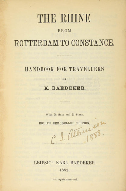 Eighth edition of Baedeker's Rhine from Rotterdam to Constance.