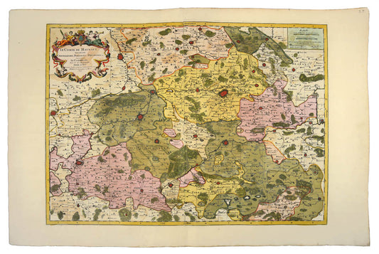 Engraved map of Belgium, printed in Paris in 1696 by Jaillot with extremely fne hand-colour and elabroate title cartouche. 