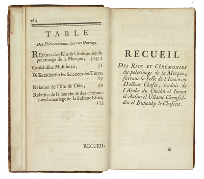 First edition of this very interesting work which contains five separate essays, including accounts of the rituals surrounding the pilgrimage to Mecca.