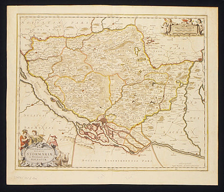 Attractive map by Jansson, showing the southern Duchy of Holstein in northern Germany. Central to the map is the Hanseatic port of Hamburg. 