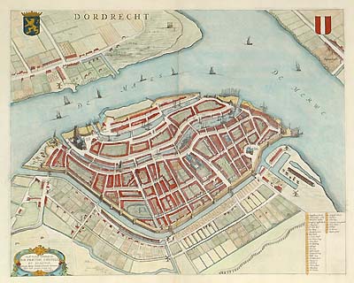 With a dedictation to the city council of Dordrecht in cartouche in lower left corner. From Joan Blaeu's town book of the Netherlands.