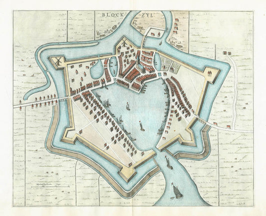 View of Blokzijl from Joan Blaeu's town book of the Netherlands, first published one year after the Spanish acknowledgement of the Dutch Republic. 