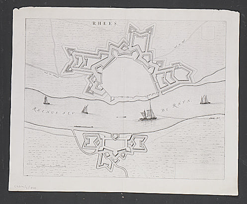 Plan of Rhees from Blaeu's town book of the Netherlands, first published one year after the Spanish acknowledgement of the Dutch Republic. 