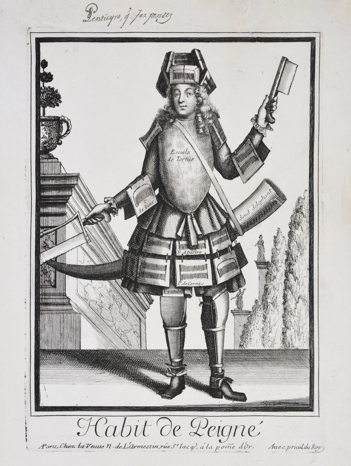 Copper plate engraving from the Album des mÃ©tiers.The artisan is dressed in the accoutrements of  his occupantion and set against a theatrical backdrop.