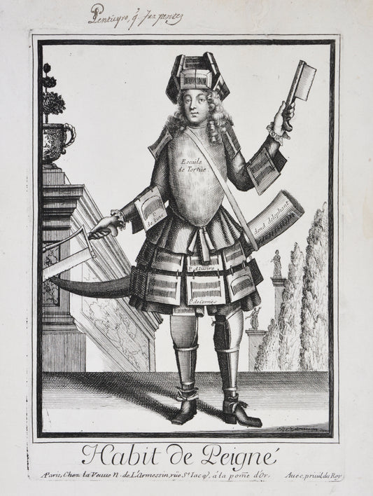 Copper plate engraving from the Album des mÃ©tiers.The artisan is dressed in the accoutrements of  his occupantion and set against a theatrical backdrop.