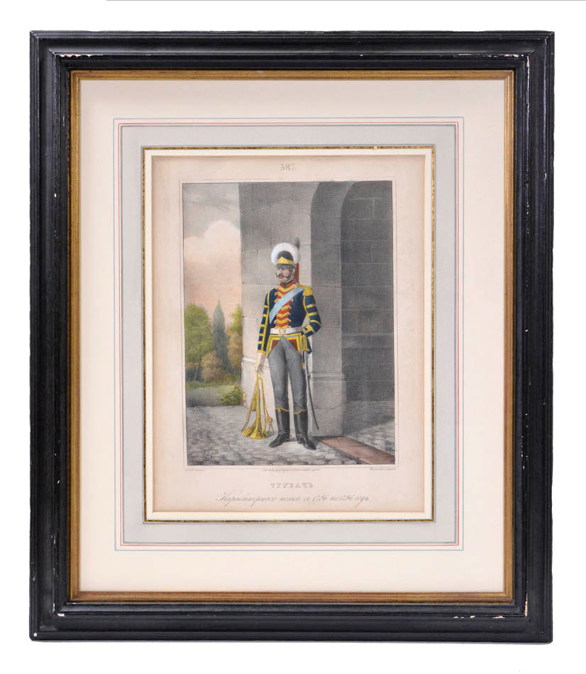 A fine hand-coloured lithograph, heightened with gold, showing Russian Officers by Jules Renard Draner.